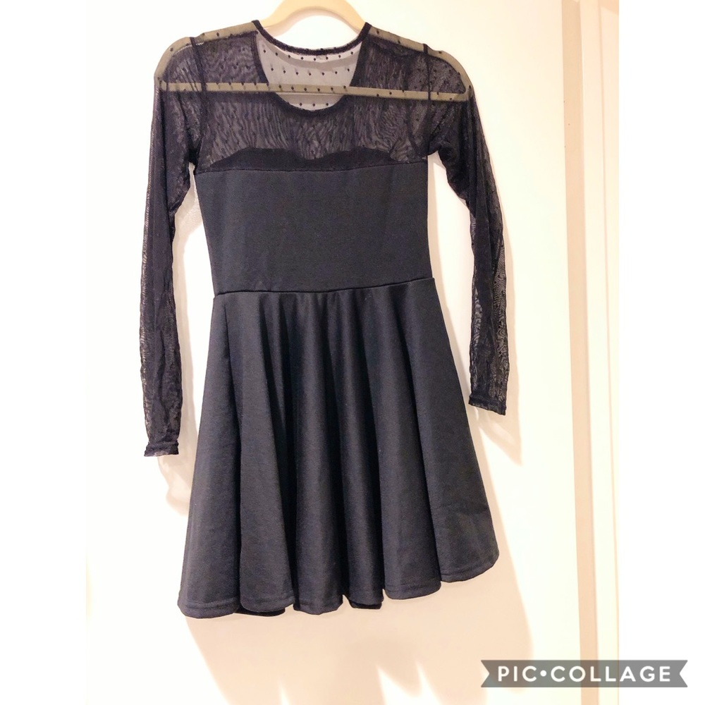 Black mesh polka dots long sleeve dress